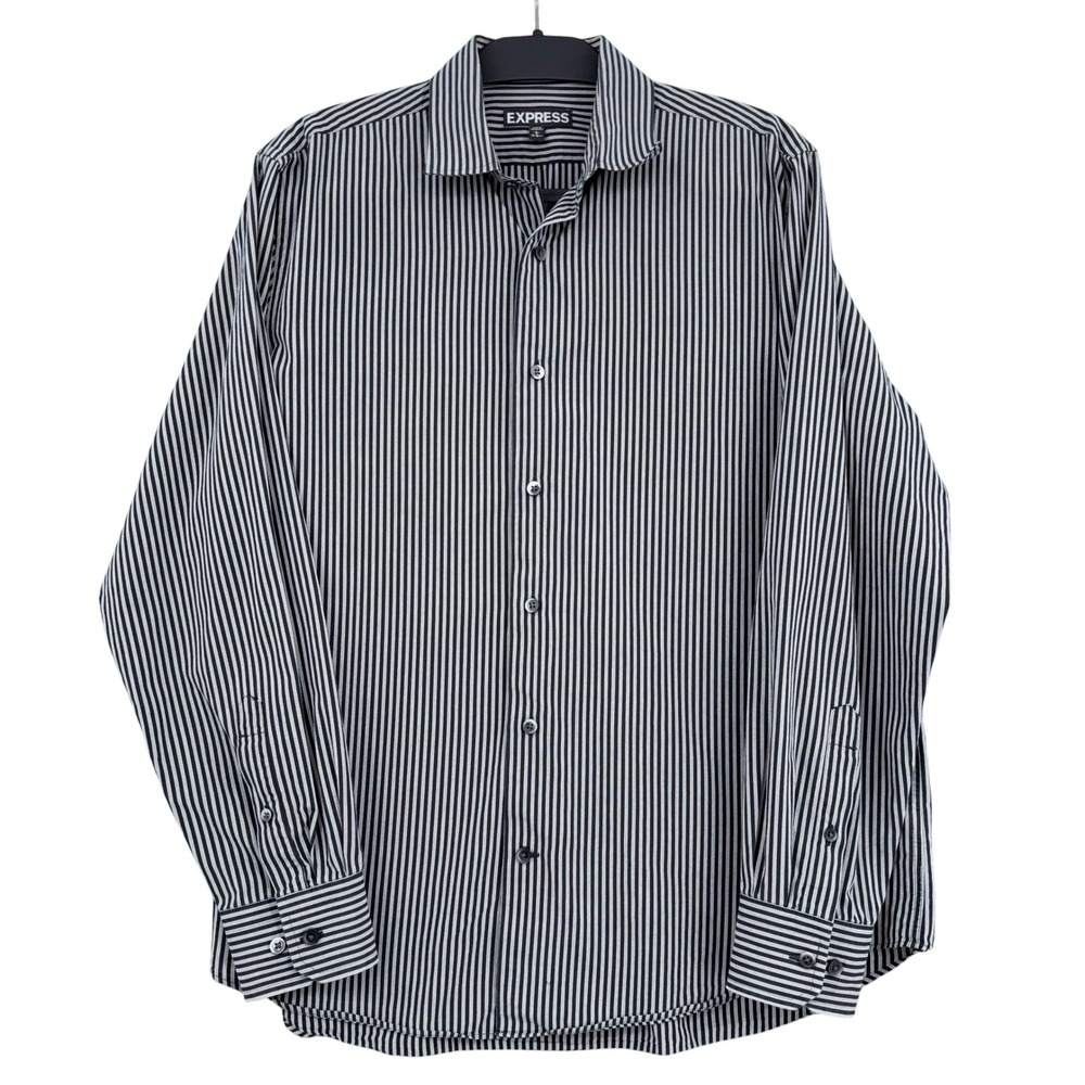 Express‎ Striped Button Front Men L 16-16.5 100% Cotton Black White